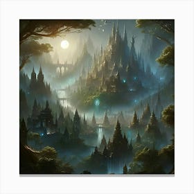 An Intricate High Fantasy Digital Art Piece, Focusing On A Sprawling Elven City Nestled In An Ancient Forest, Bathed In The Ethereal Twilight Glow Canvas Print