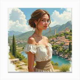 A Beautiful Greek Woman In Watercolor, With The Serene Beauty Of A Traditional Village 1 Canvas Print