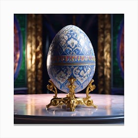 Blue and White Porcelain Egg on Brass Stand Canvas Print
