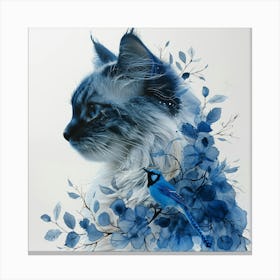 Blue Cat And Bird Canvas Print