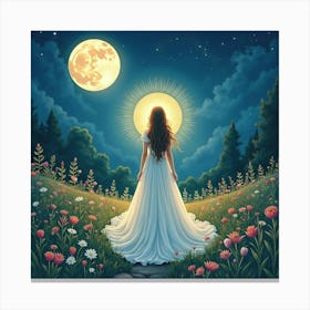 Radiant Goddess In A Moonlit Garden, Watercolor 1 Canvas Print