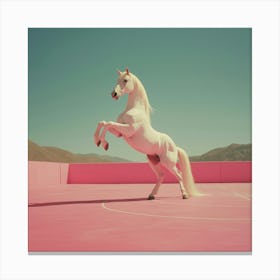 A Realistic Medium Format Portrait Of A Powerful White Albino Akhal Teke Horse Standing On Its Hind Legs In A Dynamic Pose, Set On A Pink Basketball Court In The Middle Of A Desert In Los Angeles, California 1 Stampe su tela