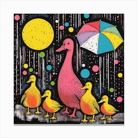 Ducklings In The Rain With An Umbrella Canvas Print