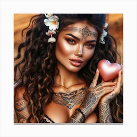 Tropical Tattooed Woman Holding A Heart Canvas Print