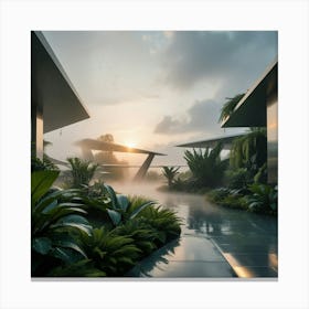 Futuristic Modern Garden peaceful sunrise 4 Canvas Print