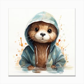 Watercolour Cartoon Otter In A Hoodie 3 Canvas Print