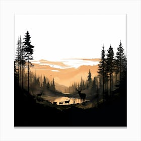 Silhouetted Stags By The Lake Canvas Print
