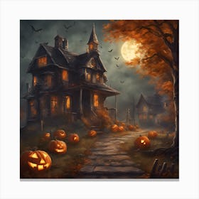 Halloween House With Pumpkins Canvas Print