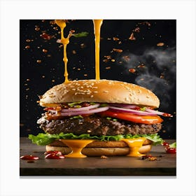 Burger Being Dipped In Sauce Canvas Print