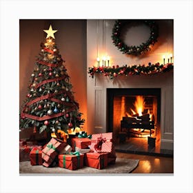 Christmas Tree In Front Of Fireplace 2 Canvas Print