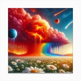 A Red Cloud, Blue Rainbow And Fiery Planets Melting Over A Field Of Daisies Canvas Print