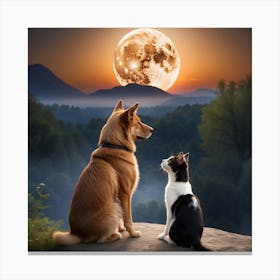Cat And Dog Looking At The Moon Canvas Print