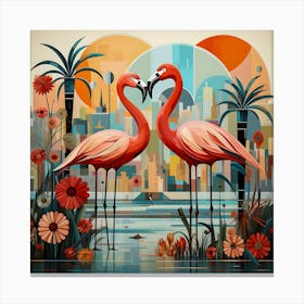 Flamingos in Urban Oasis – Modern Tropical Art with Geometric Design Canvas Print