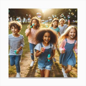 Children Playing With Soap Bubbles Canvas Print