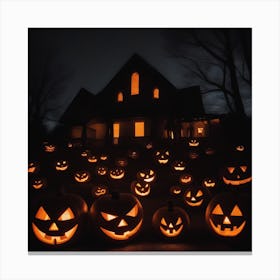 Halloween Pumpkins In Front Of A House Canvas Print