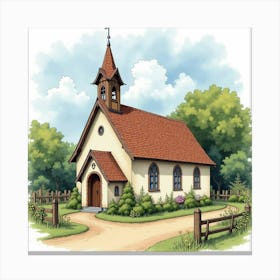 Quaint English Village Church, Watercolor With Picturesque Surroundings 1 Canvas Print