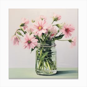 Pink Flowers In A Mason Jar Canvas Print