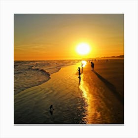 A Serene Sunset Casting A Golden Hue Over A Tranquil Beach Silhouettes Of Relaxed Individuals Strol Canvas Print