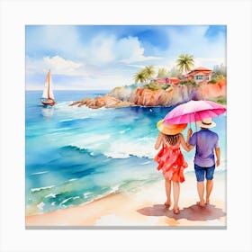 Watercolor Couple On The Beach Canvas Print