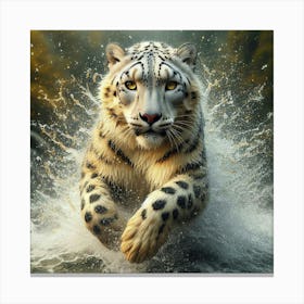 Snow Leopard Running In Water Canvas Print