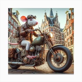 Steampunk Rat On A Motorcycle In The Center Of Amsterdam 1 Canvas Print