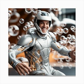 3d Dslr Photography, Model Shot, Man From The Future Smiling Chasing Bubbles Wearing Futuristic Suit Designed By Apple, Digital Helmet, Sport S Car In Background, Beautiful Detailed Eyes, Professional Award W (3) Canvas Print