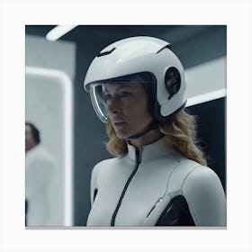 Create A Cinematic Apple Commercial Showcasing The Futuristic And Technologically Advanced World Of The Woman In The Hightech Helmet, Highlighting The Cuttingedge Innovations And Sleek Design Of The Helmet An (3) Canvas Print