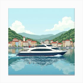 Modern Ferry In A Watercolor Tranquil Seaside Town 1 Canvas Print