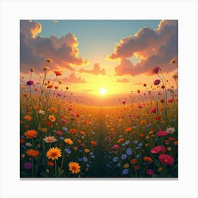 A Picturesque View Of A Field Of Colorful Wildflowers Under A Sunset Sky 1 Canvas Print