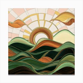 Straight and broken flowing lines and tree shapes, gold, sage, in the form of a tropical ocean. Canvas Print