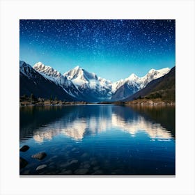 Firefly Mountains, Snow Capped, Towering, Background, Tranquil, Lake, Foreground, Reflecting, Starry (11) Canvas Print