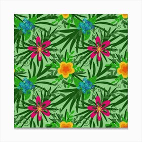 Tropical Leaves And Pink Flowers, Pattern Canvas Print