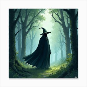 Black Magic Mage In A Watercolor Mysterious Forest 1 Canvas Print