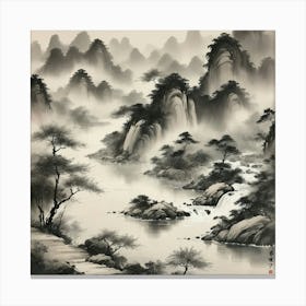 A traditional Chinese ink painting of a river, with delicate brushstrokes and a monochromatic color scheme, capturing the essence of nature and the flow of life. 3 Canvas Print