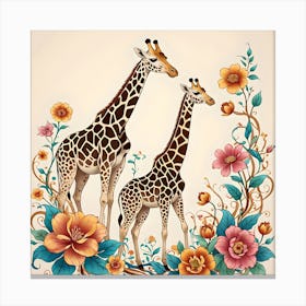 Two Giraffes Between Orange, Turquoise and Pink Flower Canvas Print