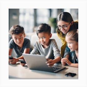 Group Of Children Using A Laptop Canvas Print