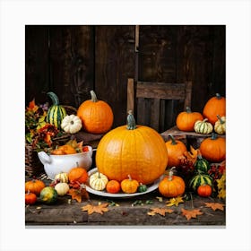 An Autumnal Photography Arrangement Depicting A Vibrant Orange Gourd Amidst A Thanksgiving Meal Sett (5) Canvas Print