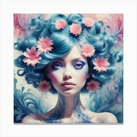 Blue Haired Girl With Flowers Canvas Print