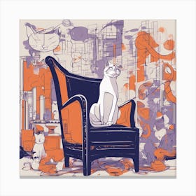 Drew Illustration Of Cat On Chair In Bright Colors, Vector Ilustracije, In The Style Of Dark Navy An (2) Canvas Print