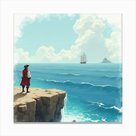 Pirate Captain Standing On A Cliff Overlooking The Sea, Watercolor Effect 1 Canvas Print