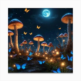 Mushrooms And Butterflies Under Blue Moon Canvas Print