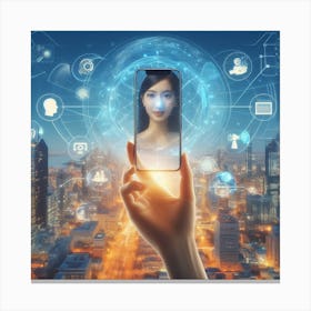 Woman Holding Up A Smartphone Canvas Print