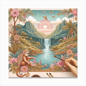 Monkey at the waterfall, Boho style 2 Canvas Print