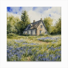 Bluebells Farmhouse - Watercolor Sunny May Gardens in England - Beautiful Tranquil HD Gallery Fine Wall Art - Greenery Landscape Purple Blue Green Scenery Canvas Print