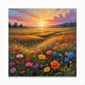 Wildflowers Sunset, Square Retro Art, Flower Fields Art Print Canvas Print