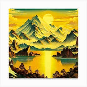 Realistic Towering Snow Capped Mountains, Sunrise, Warm Colors, Lake In The Foreground, Bird S Eye View Canvas Print