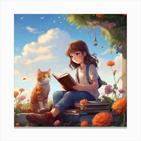 Girl Reading A Book With Cat Canvas Print