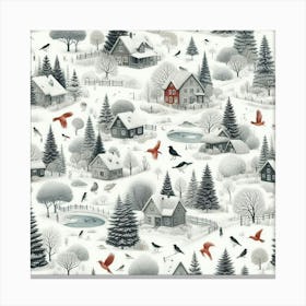 Winter Village, Snowy Trees And Birds Canvas Print