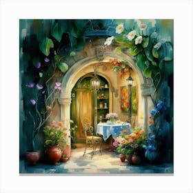 Quiet and attractive dining nook, overgrown flowers, high quality, detailed, highly 3D, elegant carved cart, 6 Canvas Print
