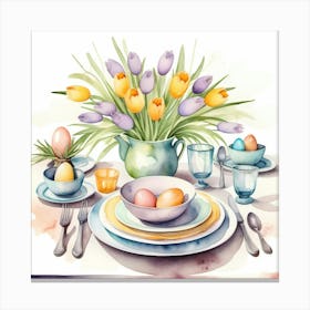 Easter Table Setting In A Watercolor Painting Style, With Dyed Eggs And Bouquet Of Tulips Leinwandbild